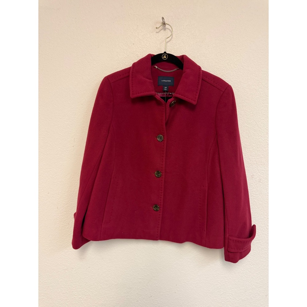 Lands' End Women's 12P Burgandy Wool Cashmere Blend Button Jacket Coat Petite